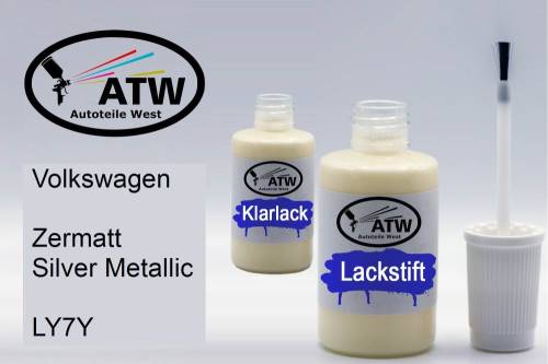 Volkswagen, Zermatt Silver Metallic, LY7Y: 20ml Lackstift + 20ml Klarlack - Set, von ATW Autoteile West.